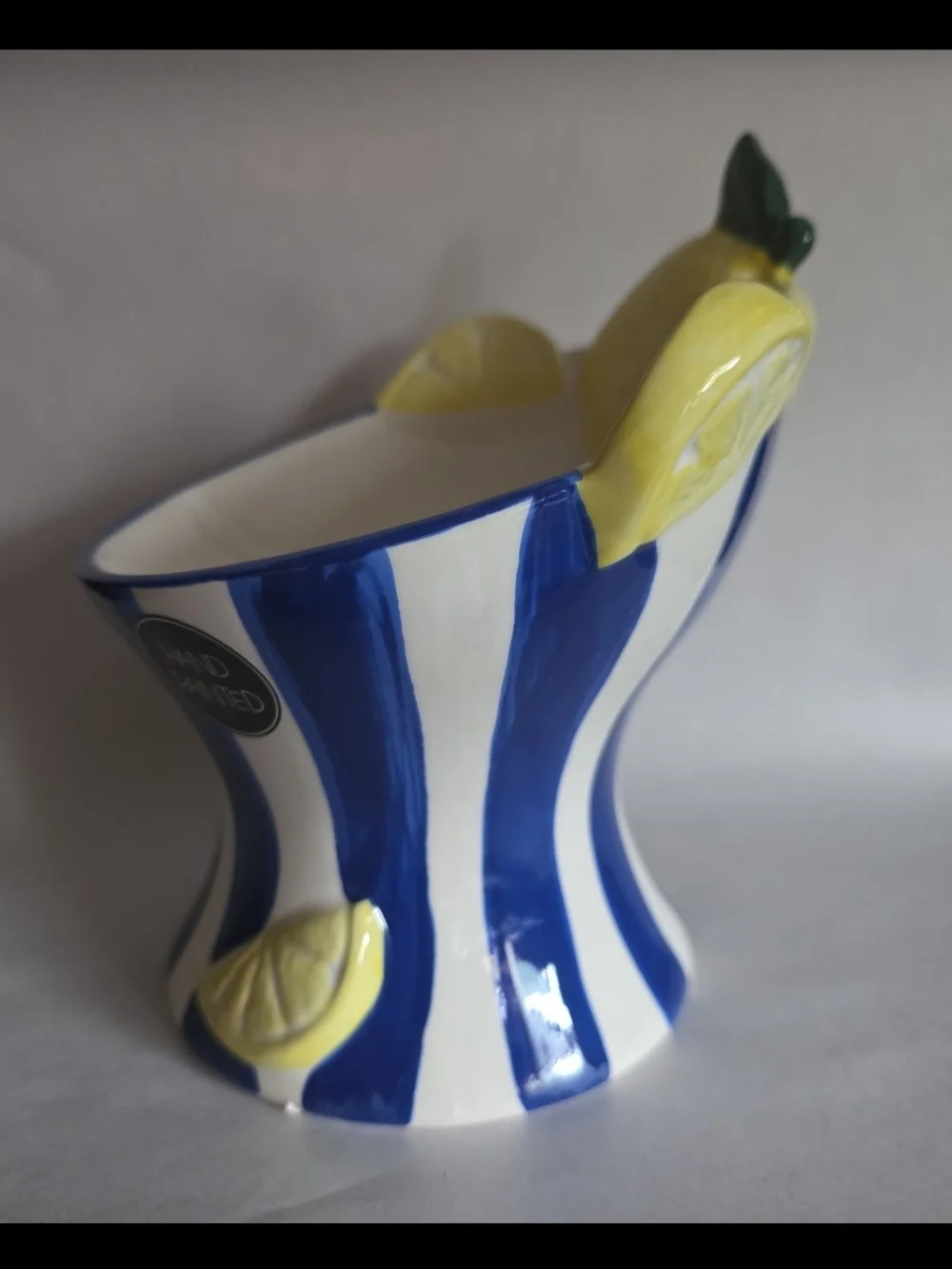 Luna & Sage cat food bowl. Hand-Painted Blue & White Striped Lemon Ceramic